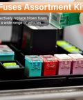 36 Piece Automotive Fuse Assortment Kit With Tall Standard And Low Profile Box Fuses In 20A To 80A Ratings Color Coded for easy identification.
