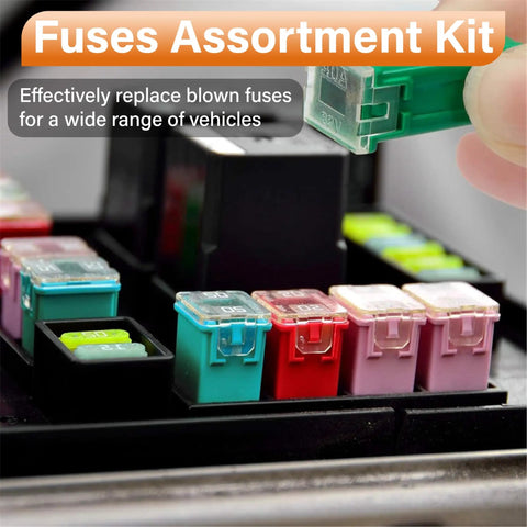36 Piece Automotive Fuse Assortment Kit With Tall Standard And Low Profile Box Fuses In 20A To 80A Ratings Color Coded for easy identification.
