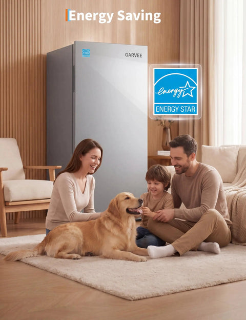 Family enjoying time with a dog beside the Knock Out 11 Cubic Foot Upright Freezer That Flips Into A Fridge.