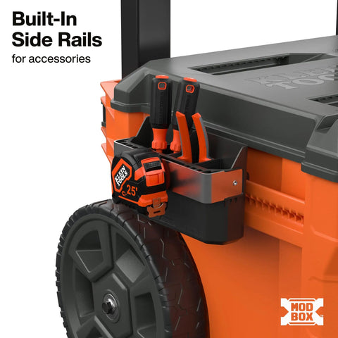 Modbox Three Drawer Rolling Toolbox With Ball Bearing Slides, Mobile Tool Storage System side view showing built-in side rails