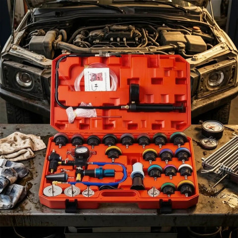 Complete Etyldya Cooling System Tester Set With Radiator Pressure Test Kit Gauge And Coolant Filling Pump Adapter. Essential 34-Piece Auto Care Tool For Home Garage Mechanics And Professional Service Stations. Durable Nylon Design Ensures Long-Lasting