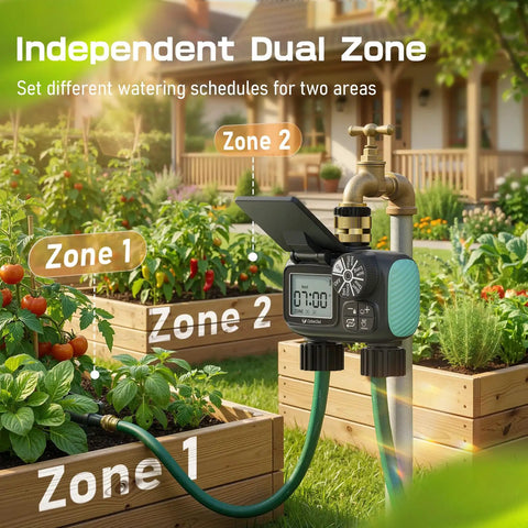 Two Zone Solar Water Timer For Garden Hose With Auto Manual Rain Delay Modes in use with garden beds, dual zone displayed