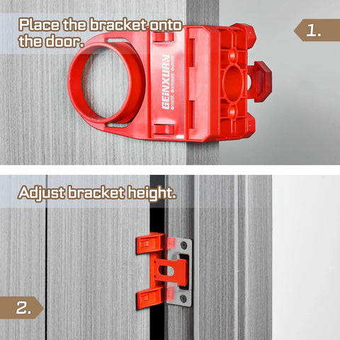 Door Lock Installation Kit For Wooden Doors With Guide Template And Carbon Steel Hole Saw Set, red bracket on door.