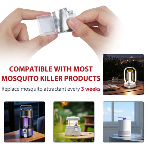 4 Lures Mosquito Attractant Refills compatible with most mosquito killer products, shown with various traps for indoor or outdoor use