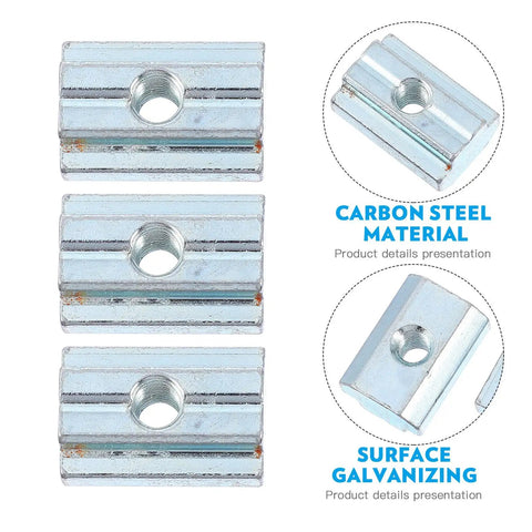 Twenty Piece T Slot Slide Nuts Premium Carbon Steel Tee Track Fasteners Nickel Coated close-up of carbon steel slide nuts.
