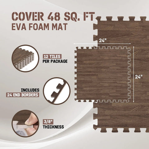 Diagram showing Interlocking EVA Foam Floor Tiles Puzzle Mats With Border 24x24 Inches, featuring 48 Sq Ft coverage details.