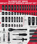 Garage-Grade Do-It-All 96 Piece Three Eighths Inch Drive Impact Socket Set With Wrench And Bits displayed with ratchet and extensions