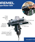 Bench Mounted Router Table Adapter For Corded Rotary Power Tools Featuring Six Hardened Steel Shaping Bits. 6 x 8 inch table with adjustable fence.