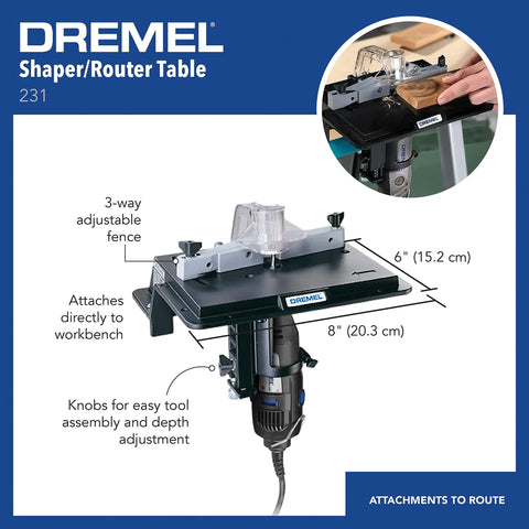 Bench Mounted Router Table Adapter For Corded Rotary Power Tools Featuring Six Hardened Steel Shaping Bits. 6 x 8 inch table with adjustable fence.
