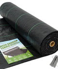 Heavy Duty Weed Barrier Landscape Fabric 6 Feet By 300 Feet Ground Cover Mat 3.2 Oz Permeable Woven Geotextile with securing pegs