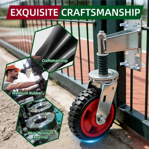 Heavy Duty Gate Wheel Caster For Metal And Wood Gates, 8 Inch Wheel, 360 Degree Swivel Spring Loaded, installed on gate
