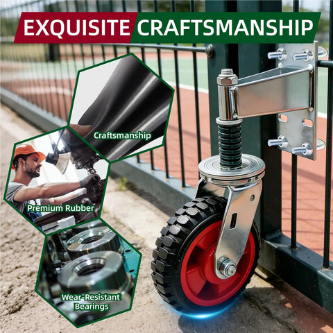 Close-up of Heavy Duty 6 Inch Gate Wheel With Spring Loaded Shock Absorber Handles 700 Lbs for smooth rolling access.
