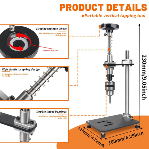 Diagram of Handy Compact Desktop Manual Tapping Machine With Bench Vice Portable Vertical Tap Tool showing components and dimensions.