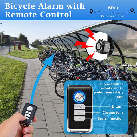 Bike Alarm With Remote And USB Rechargeable Power For Your Ride Vibration Motion Sensor Trigger Ultra Loud 110dB Anti Theft Alarm For Bicycle Motorcycle Electric Scooter IP65 Waterproof And Easy Mount Kit shown with remote control