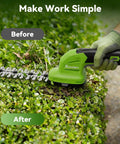 Person using 2-In-1 Cordless Hedge Trimmer And Grass Shear, Lightweight Handheld Yard Tool With Rechargeable 7.2V Battery on bushes