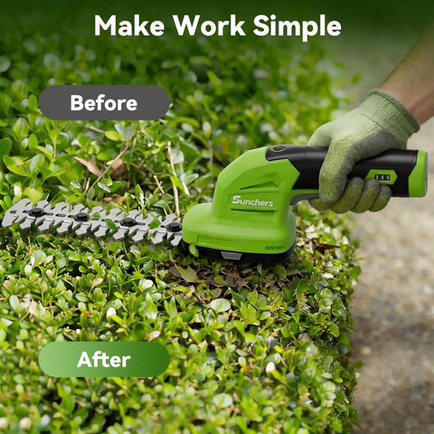 Person using 2-In-1 Cordless Hedge Trimmer And Grass Shear, Lightweight Handheld Yard Tool With Rechargeable 7.2V Battery on bushes