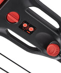 Close-up of adjustment mechanism on Floating Feel Bike Roller Trainer For Indoor Cycling, featuring red knobs and settings labels.