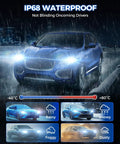 Blue car using Beast Mode Bright 9005 9006 LED Bulbs Kit in rain, with weather icons showing IP68 waterproof capability.