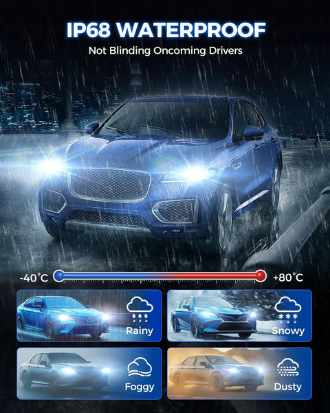 Blue car using Beast Mode Bright 9005 9006 LED Bulbs Kit in rain, with weather icons showing IP68 waterproof capability.