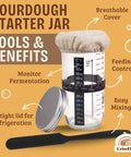 Ultimate Sourdough Starter Kit For Beginners With A 24 Oz Glass Starter Jar showing fermentation markings and included lid.