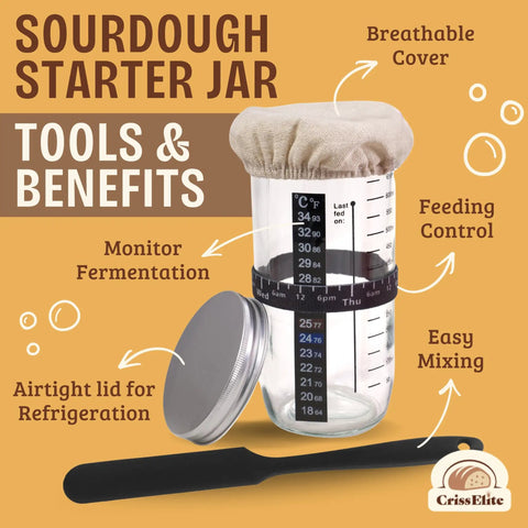 Ultimate Sourdough Starter Kit For Beginners With A 24 Oz Glass Starter Jar showing fermentation markings and included lid.