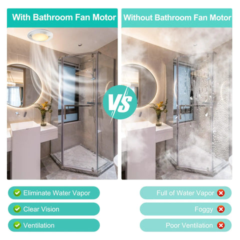 Comparison of bathroom with and without Replacement Bathroom Exhaust Fan Motor Assembly For Broan Nutone QTN80L QTR080 QTR070L QTR070 QTRN080L QTN80LA DIY Friendly Plug And Play Upgrade For Home Bath Vent Fans, showing clear and foggy shower areas.