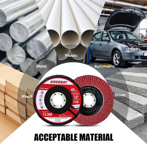 40 Pack 4-1/2 Inch Ceramic Flap Discs for Angle Grinder, Type 29 displayed with different materials metal, plastic, wood, stone