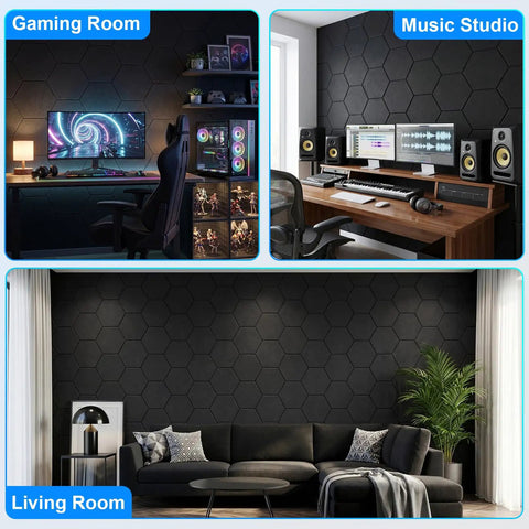 Hustle Free Peel And Stick Hexagon Acoustic Panels Self Adhesive Sound Deadening Foam Tiles in gaming, studio, living setups.