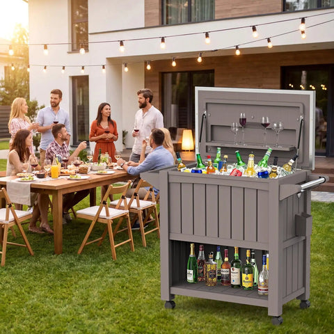 Group of people enjoying outdoor gathering with 120-Quart Patio Cooler With Wheels, Rollable Outdoor Ice Chest With Bottle Opener, Brown