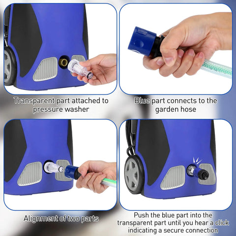 Six Pack Three Quarters Inch Pressure Washer Garden Hose Adapter With Quick Connect System shown being attached to washer