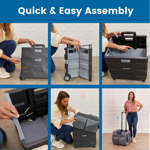 Universal Rolling Cart With Canvas Organizer Bag For Classrooms And Offices On Wheels Mobile Storage, assembly steps shown