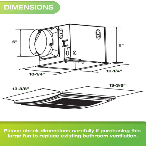 Dimensions diagram of Humidity Sensing Bathroom Vent Fan For Large Bathrooms 140 CFM With Auto On Off Quiet Exhaust