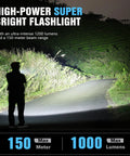 Person using High-Power Super Bright Flashlight 1200 lumens on road with 150-meter beam range at night, illuminating path