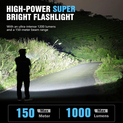 Person using High-Power Super Bright Flashlight 1200 lumens on road with 150-meter beam range at night, illuminating path