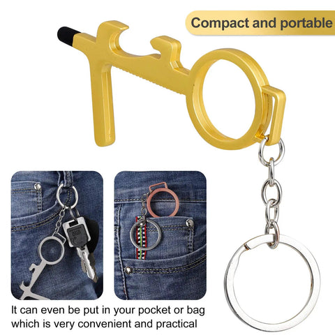 Eight Piece No Touch Door Opener Tool With Stylus Keychain Reusable Multifunction Button Pusher And Bottle Opener in gold