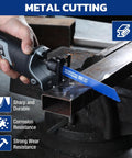 Workpro blue metal-cutting reciprocating saw blade mounted in a vise