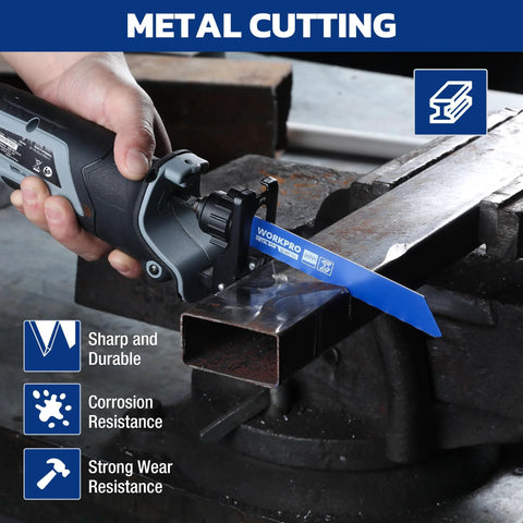 Workpro blue metal-cutting reciprocating saw blade mounted in a vise