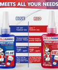BellisInno thread locker blue (medium strength) and red (high strength) bottles, 50 mL each, front view.