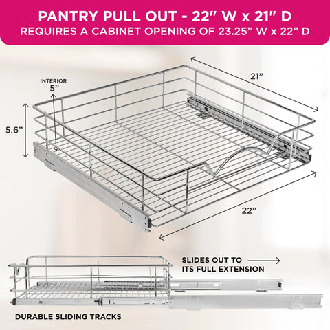 Heavy-Duty Cabinet Organizer With Pull-Out Drawer For Pots And Pans, Smooth Roll-Out Slides, Anti-Rust Chrome Finish, 22 W X 21 D X 5 H Basket