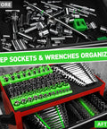 10-Piece Magnetic Socket And Wrench Organizer Set For 1/4, 3/8, 1/2 Inch Drives showing tool organization before and after