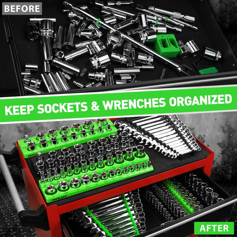 10-Piece Magnetic Socket And Wrench Organizer Set For 1/4, 3/8, 1/2 Inch Drives showing tool organization before and after