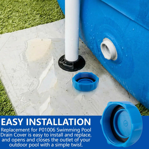 Six Pack Pool Plug Replacement And Drain Valve Cap Set for Above Ground Pools installed on blue pool