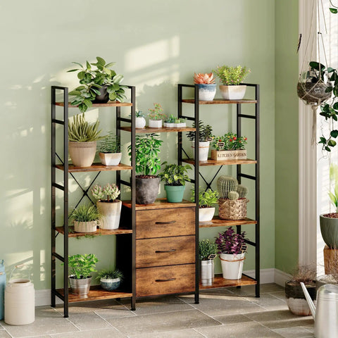 Industrial Rustic 47 Inch Wide Bookcase With Ten Display Shelves And Hidden Fabric Drawers filled with plants, modern vintage look