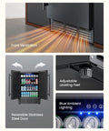 180 Can Beverage Refrigerator With Under Counter Design 24 Inch Outdoor Fridge In Black Stainless Steel Built In Or Freestanding 3 Slide Out Shelves With Five Adjustable Heights Perfect For Patio Outdoor Kitchen Beer And Soda Storage showing front ventilation, adjustable leveling feet, & blue lighting.