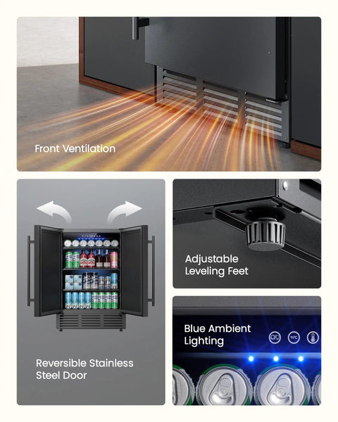 180 Can Beverage Refrigerator With Under Counter Design 24 Inch Outdoor Fridge In Black Stainless Steel Built In Or Freestanding 3 Slide Out Shelves With Five Adjustable Heights Perfect For Patio Outdoor Kitchen Beer And Soda Storage showing front ventilation, adjustable leveling feet, & blue lighting.
