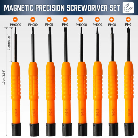All In One Precision Screwdriver Set With Magnetic Tips And Storage Case, 8 In 1 Multi Tool with eight orange screwdrivers