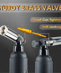Big Double Flame Butane Torch With Adjustable Regulator Dial, showcasing sturdy brass valve and anti-leakage nozzle.