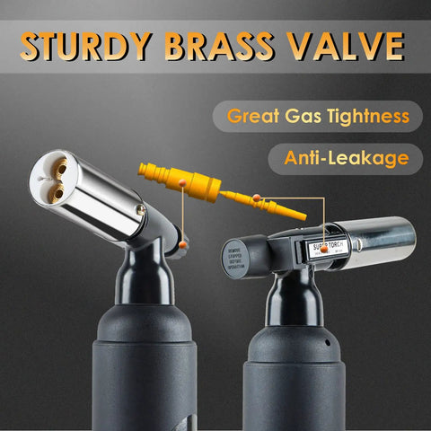Big Double Flame Butane Torch With Adjustable Regulator Dial, showcasing sturdy brass valve and anti-leakage nozzle.