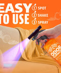 Hand using Portable UV Flashlight Black Light For Pet Urine Detection On Carpets And Upholstery with odor eliminator spray
