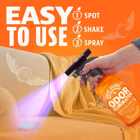 Hand using Portable UV Flashlight Black Light For Pet Urine Detection On Carpets And Upholstery with odor eliminator spray